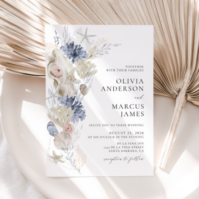 Boho-Eleganten om inbjudan till Beach Blue Wedding (Front)