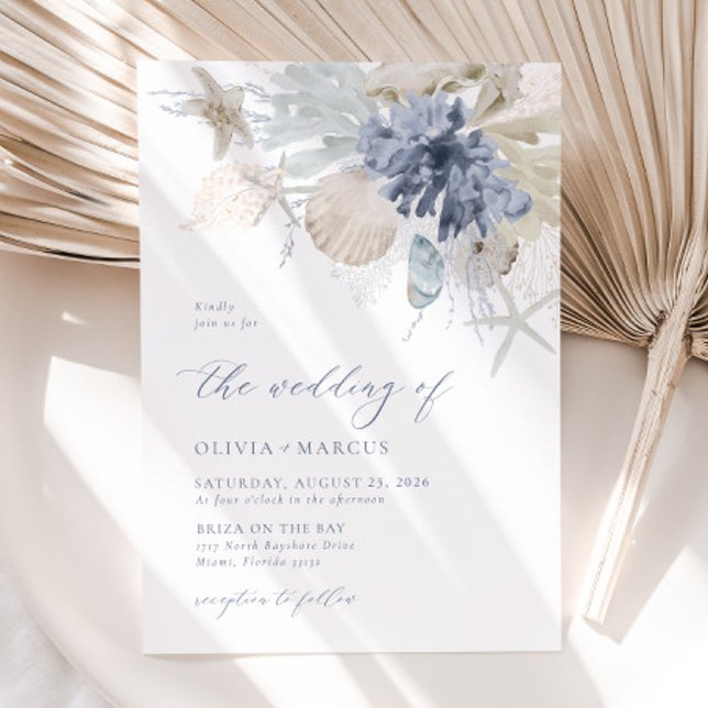 Boho-Eleganten om inbjudan till Beach Blue Wedding (Front)