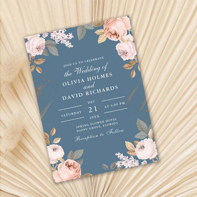 Boho Elemental Blå Peonies Bröllopsinbjudan Inbjudningar (Boho Elemental Blue Peonies Wedding Invitation on dry palm leaf.)