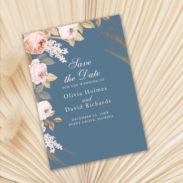 Boho Elemental Blå Peonies Spara datum-kort Datumet (Boho Elemental Blue Peonies Save the Date Card on dra fan palm leaf.)