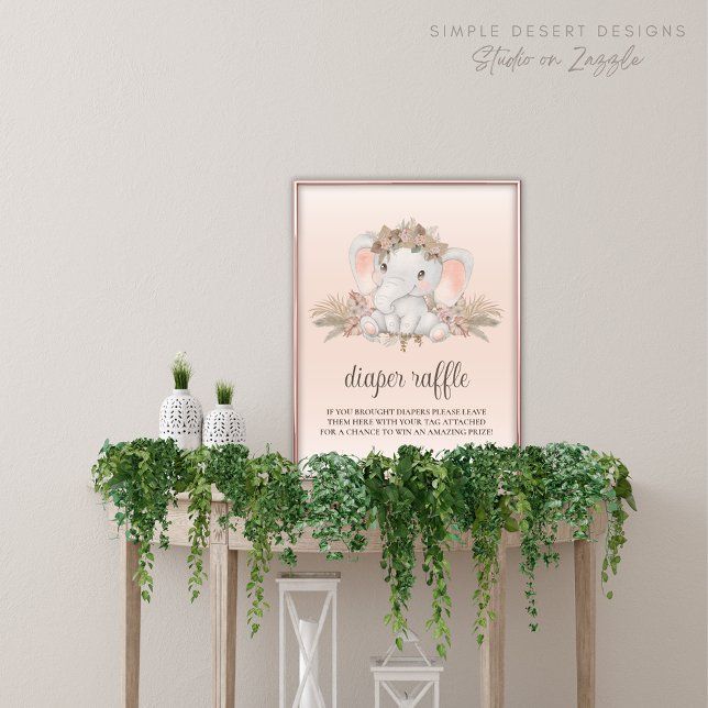 Boho Elephant Baby Shower Diaper Raffle Sign Poster (Baby Shower Diaper Raffle Sign with Cute Elephant Boho Floral and Pampas Grass)