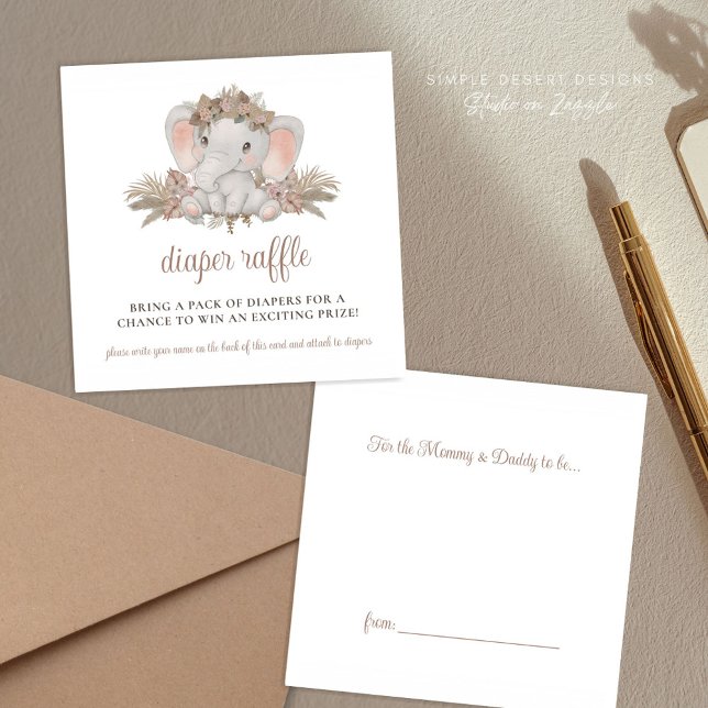 Boho Elephant Baby Shower Diaper Raffle Tilläggskort (Cute Elephant Baby Shower Diaper Raffle Enclosure Cards with Boho Floral for Gender Neutral Shower)