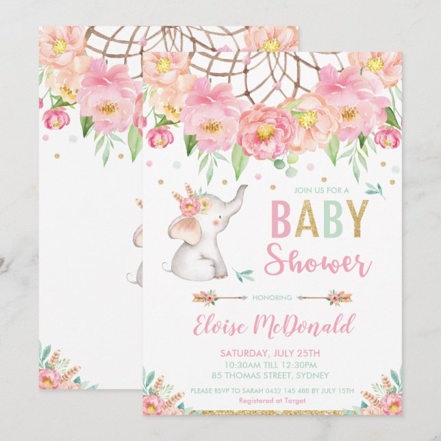 Boho Elephant Baby Shower Girl Rosa Mint Blommigt Inbjudningar (Fram/baksida)