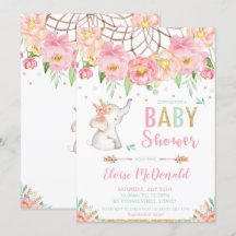 Boho Elephant Baby Shower Girl Rosa Mint Blommigt
