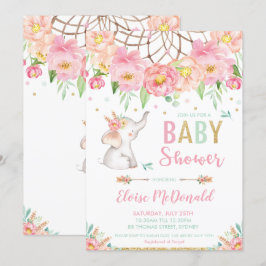 Boho Elephant Baby Shower Girl Rosa Mint Blommigt Inbjudningar