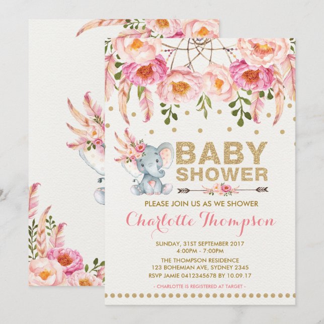 Boho Elephant Baby Shower-inbjudan till Rosa Guld Inbjudningar (Fram/baksida)