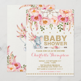Boho Elephant Baby Shower-inbjudan till Rosa Guld Inbjudningar