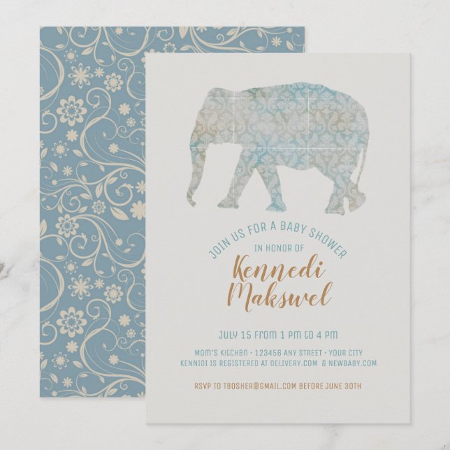 Boho Elephant Baby Shower Inbjudningar (Fram/baksida)