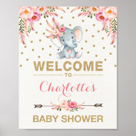Boho Elephant Baby Shower Rosa Guld Välkomstskylt Poster