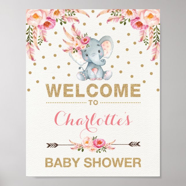Boho Elephant Baby Shower Rosa Guld Välkomstskylt Poster (Framsidan)