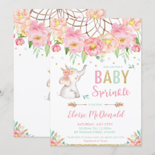 Boho Elephant Baby Sprinkle Girl Rosa Mint Blommig Inbjudningar