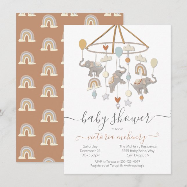 Boho Elephant Balloons Mobile Baby Shower Inbjudningar (Fram/baksida)