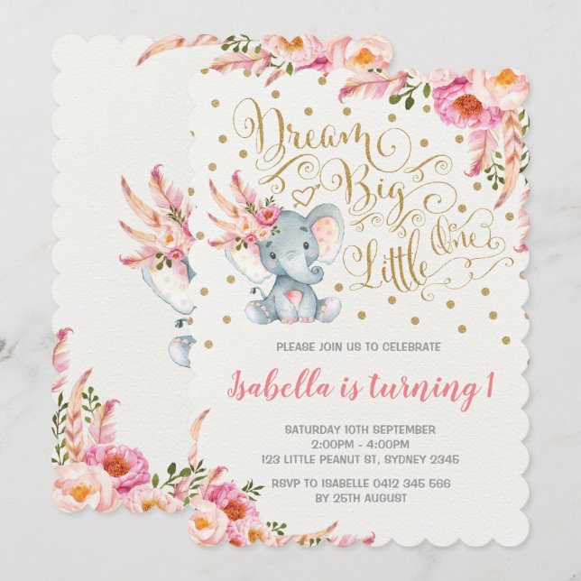 Boho Elephant Birthday-inbjudan Dream Big Blommigt Inbjudningar (Fram/baksida)