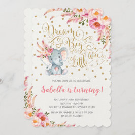 Boho Elephant Birthday-inbjudan Dream Big Blommigt Inbjudningar