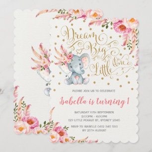 Boho Elephant Birthday-inbjudan Dream Big Blommigt Inbjudningar