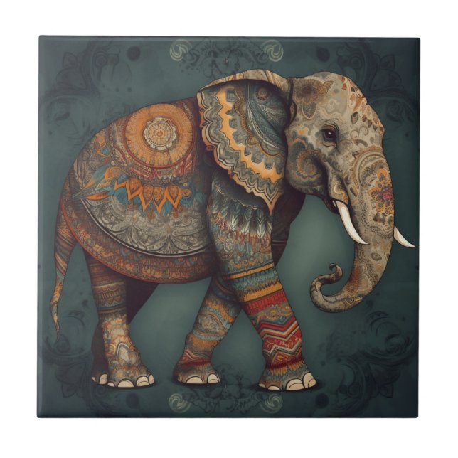 Boho Elephant Ceramic Tile med Ornate Dekorations Kakelplatta (Framsidan)