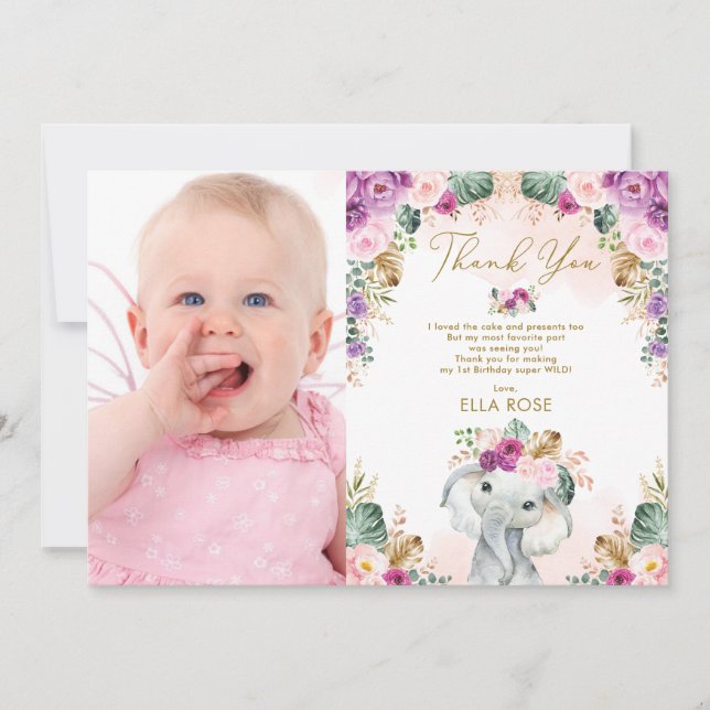 Boho Elephant Girl Rosa Lila Blommigt Birthday Tack Kort (Framsida)