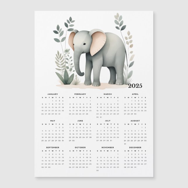 Boho Elephant Minimalistic 2025 Magnetic Calendar (Framsida)