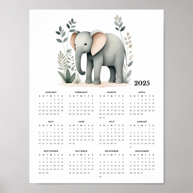 Boho Elephant Minimalistic 2025 Wall Calendar Poster (Framsidan)
