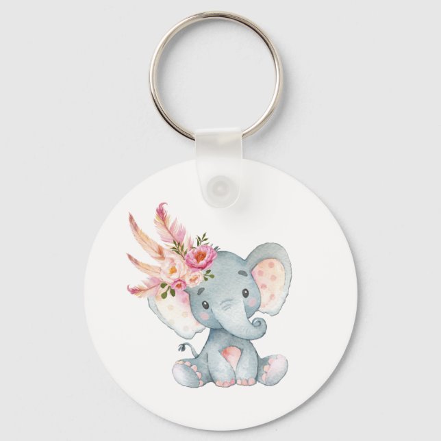 Boho Elephant Rosa Blommigt Keychain Birthday-favo Nyckelring (Framsida)