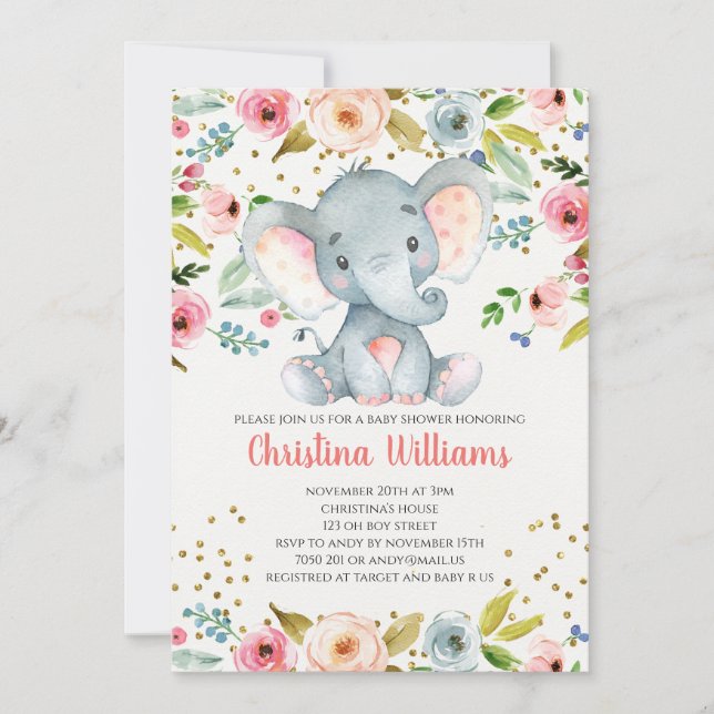 Boho Elephant Rosa Girl Baby Shower Vattenfärg Inbjudningar (Framsida)