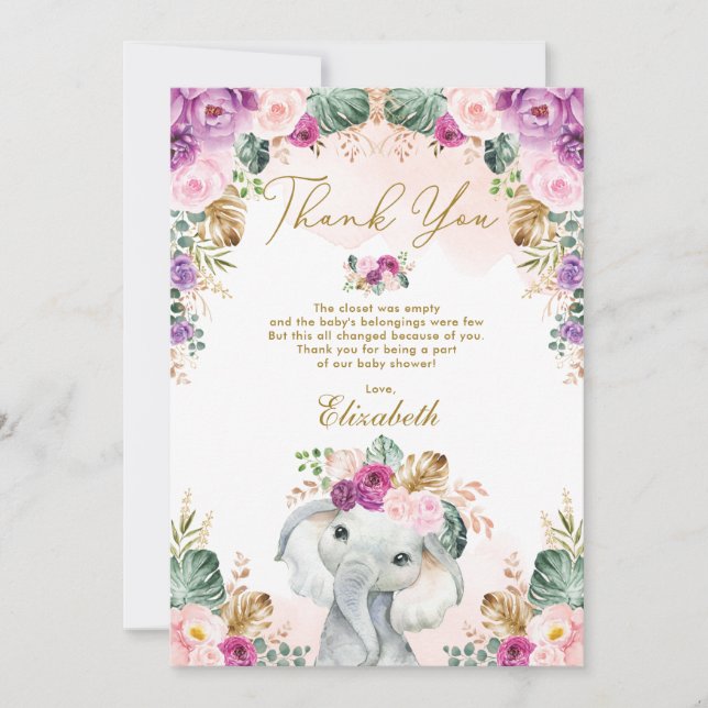 Boho Elephant  Rosa Lila Blommigt Baby Shower Tack Kort (Framsida)