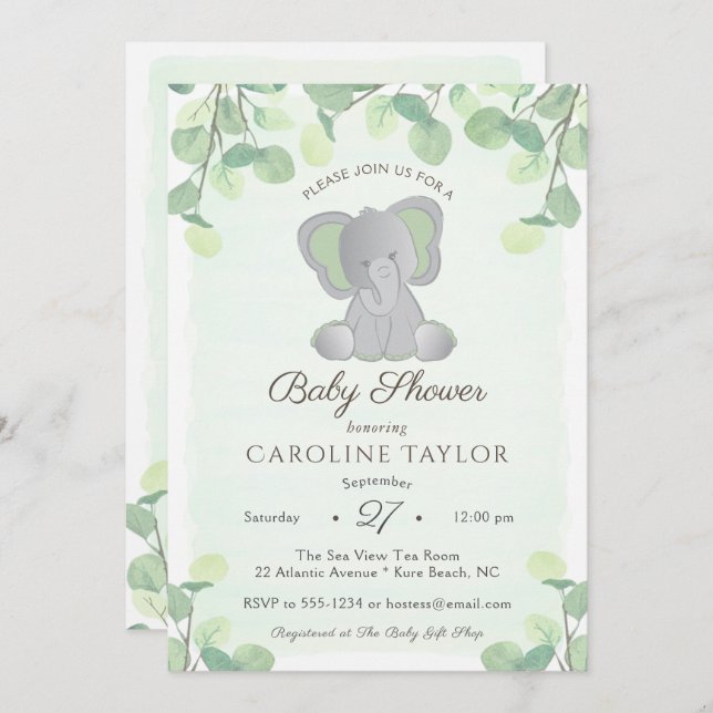 Boho Elephant Watercolor Greenery Baby Shower Inbjudningar (Fram/baksida)