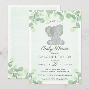 Boho Elephant Watercolor Greenery Baby Shower Inbjudningar