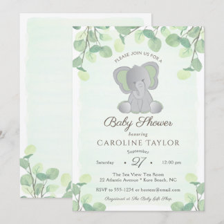 Boho Elephant Watercolor Greenery Baby Shower Inbjudningar