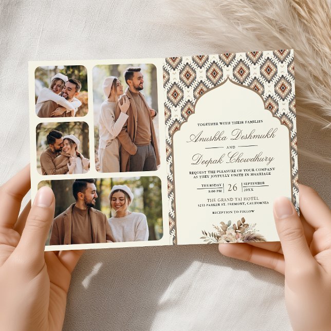 Boho Elfenbensbeige Ikat Fotocollage Indiskt Bröll Inbjudan (Skapare uppladdad)