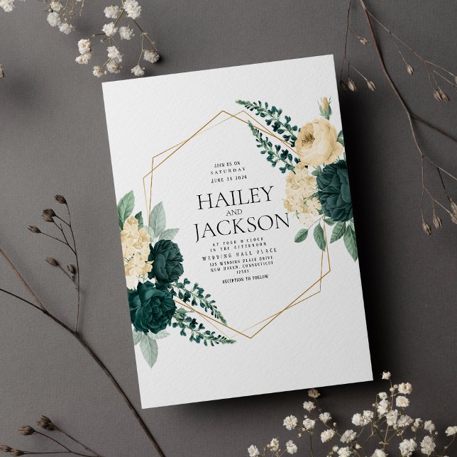 Boho elfenbensfärgad mörk grönt blommigt bröllop inbjudningar (Boho ivory dark green watercolor floral wedding invitation)