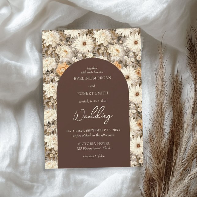 Boho elfenbensgräddstofti orange är täckblommor inbjudningar (Boho ivory cream dusty orange cottage flowers invitation)