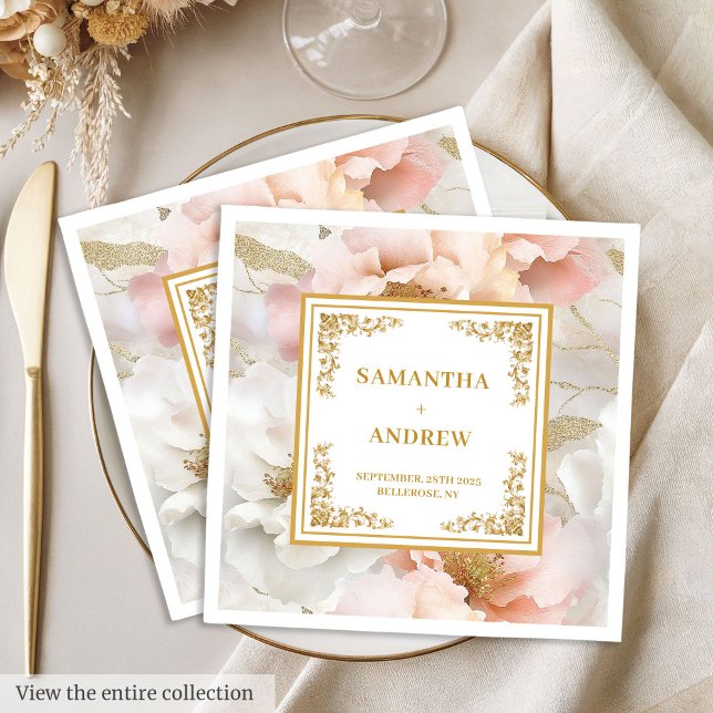 Boho  elfenbensserbäckenet guld blommigt bröllop p pappersservett (Boho blush ivory gold floral wedding paper napkins)