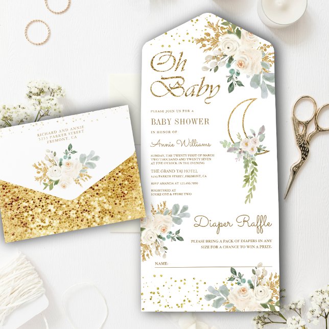 Boho Elfenbensvit Blommig Guld Halvmåne Baby Showe (Skapare uppladdad)