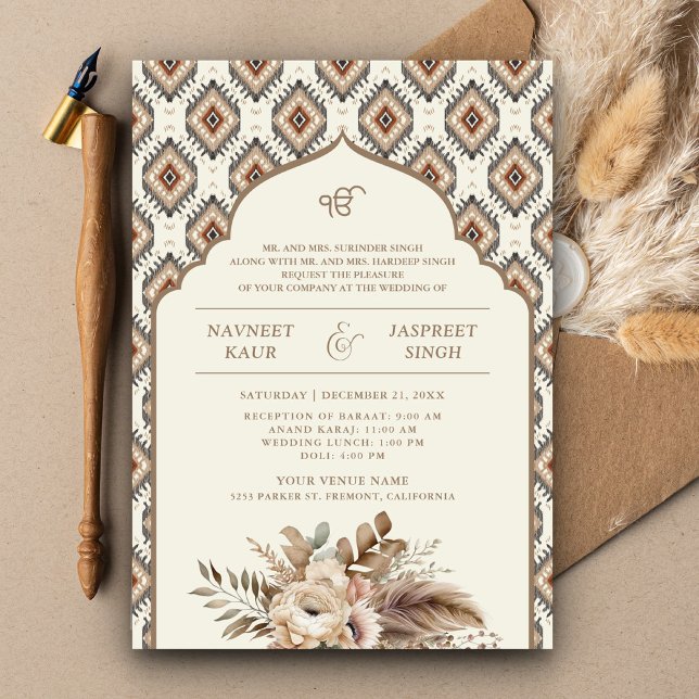 Boho Elfenbensvitt Beige Ikat Anand Karaj Sikh Brö Inbjudningar (Skapare uppladdad)