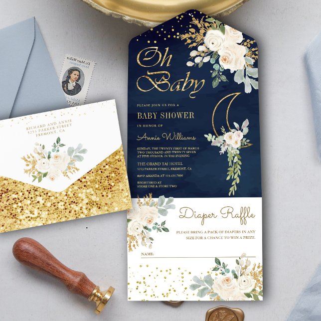 Boho Elfenbensvitt Blommigt Guld Måne Marinblått B (Skapare uppladdad)