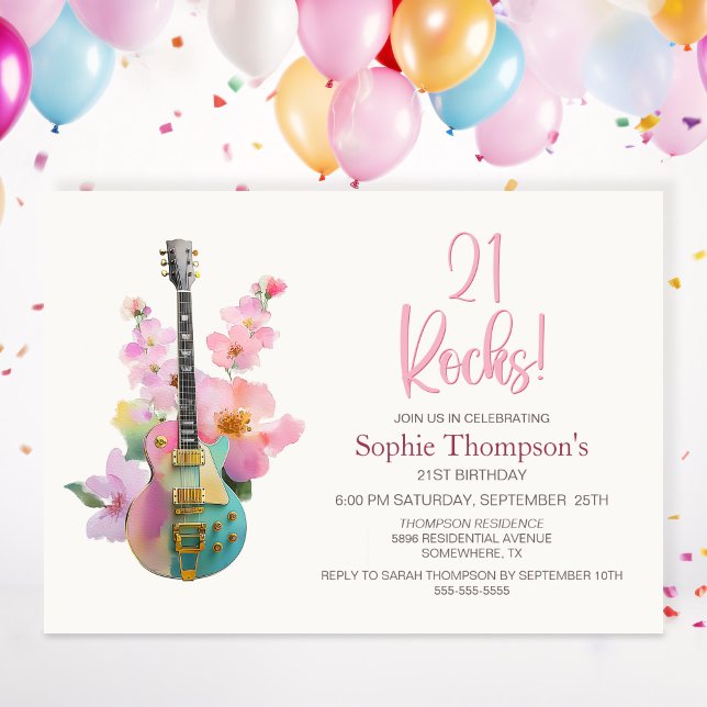Boho elgitarr Rosa Blommig 21-årsdag Inbjudningar (Skapare uppladdad)