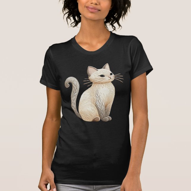 Boho Embroized Cat Beige Kattunge på Black Graphic T Shirt (Framsida)