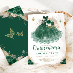 Boho Emerald Blommigt Quinceañera Princess Dress Inbjudningar