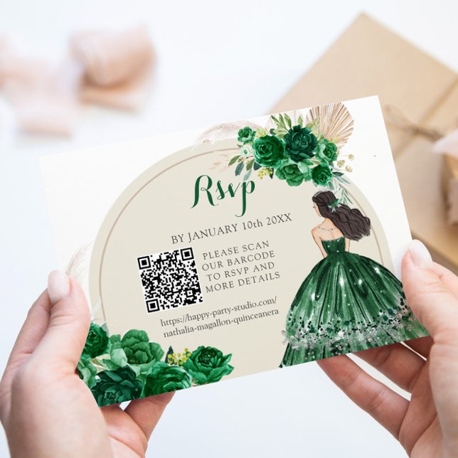 Boho Emerald Grönt Princess Quinceañera QR OSA Kort (Skapare uppladdad)