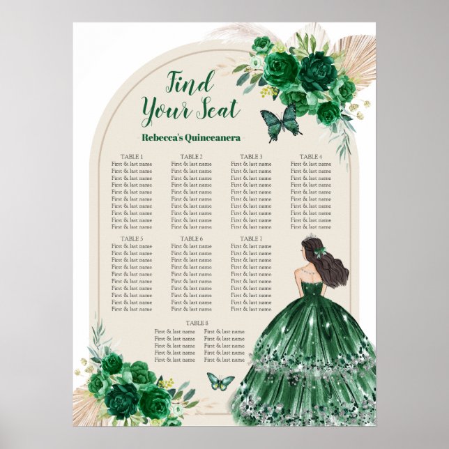 Boho Emerald Grönt Quinceañera Sittplatsdiagram -  Poster (Framsidan)