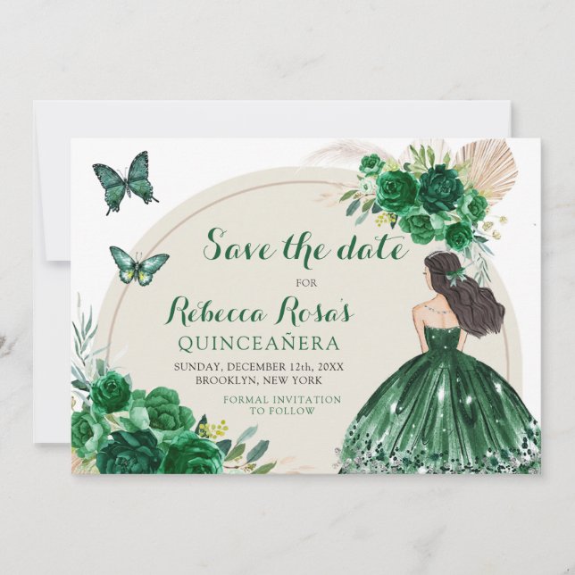 Boho Emerald Grönt Quinceañera Spara datum Inbjudningar (Framsida)