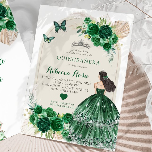 Boho Emerald Grönt Ro Princesa Quinceañera Inbjudningar (Skapare uppladdad)