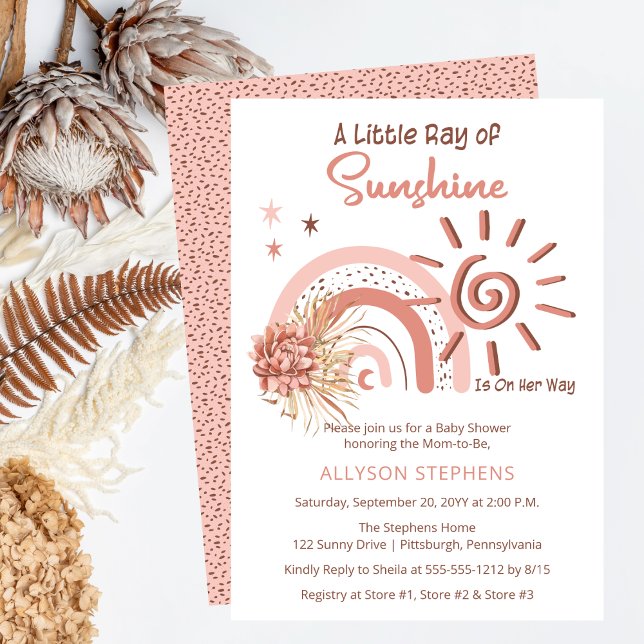 Boho En Liten Solstråle Flickor Bebis Bjudning Inbjudningar (Boho Pink A Little Ray of Sunshine Girl Baby Shower Invitation)