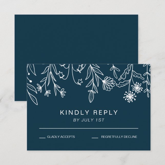 Boho Enkel Wildflower Navyblå Bröllop OSA Kort (Fram/baksida)