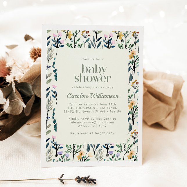 Boho-estetisk akvarell vildblomma baby shower  inbjudningar (Skapare uppladdad)