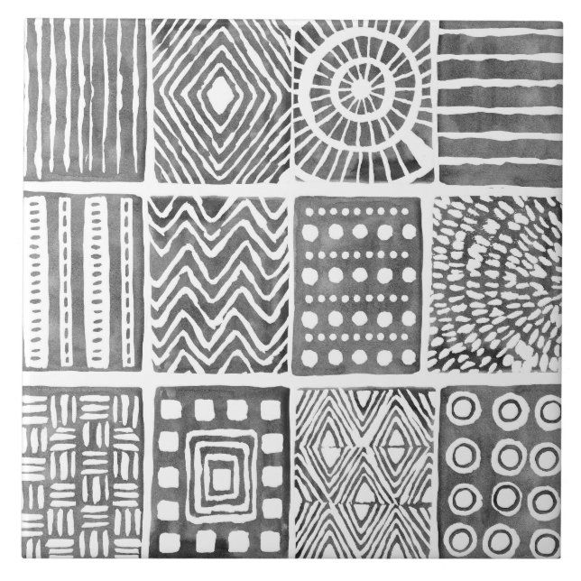 Boho Ethnic Ceramic Tile - Black & White Ornament Kakelplatta (Framsidan)