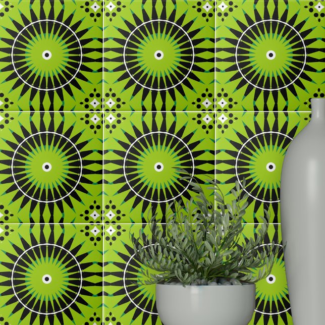 Boho Ethnic Lime Green Black Geometric Mönster Kakelplatta (Skapare uppladdad)