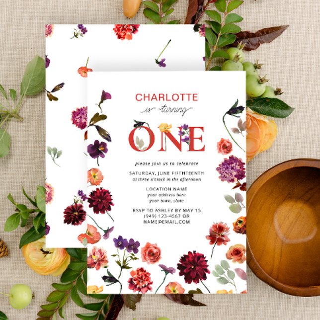 Boho Ettårsdag 1-års födelsedag Blommig akvarell Inbjudningar (1st Birthday Invitation)