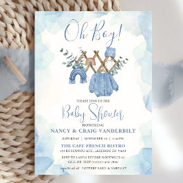 Boho Eucalyptus Boy Clothing Vintage Baby Shower Inbjudningar